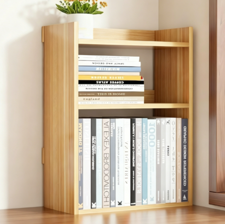 3-Tier White and Wood Desktop Bookshelf, 55 x 42 x 15 cm