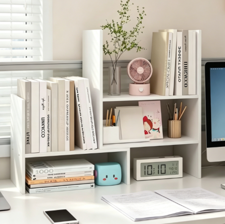 Adjustable 3-Tier Wooden Desktop Bookshelf, Expandable, White, 72 x 52.5 x 15 cm