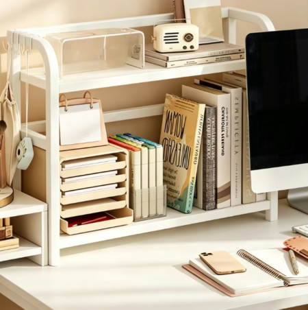2-Tier White Desktop Bookcase, 40 x 16 x 42 cm